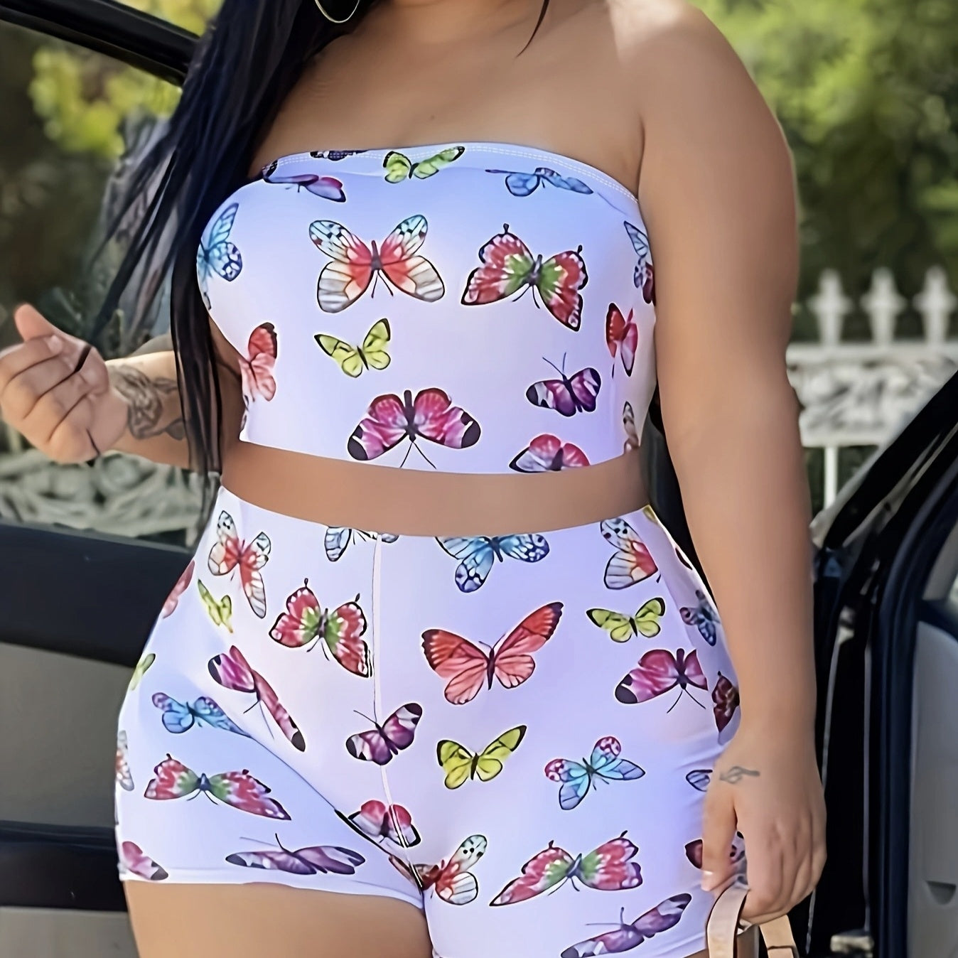 Slim Fit Butterfly Print Chest Wrapped Top And Shorts Set