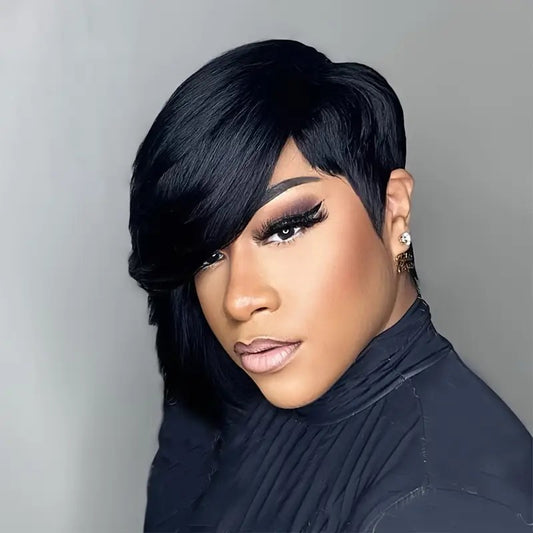 Straight Black PixieCut Glueless With Long Bangs